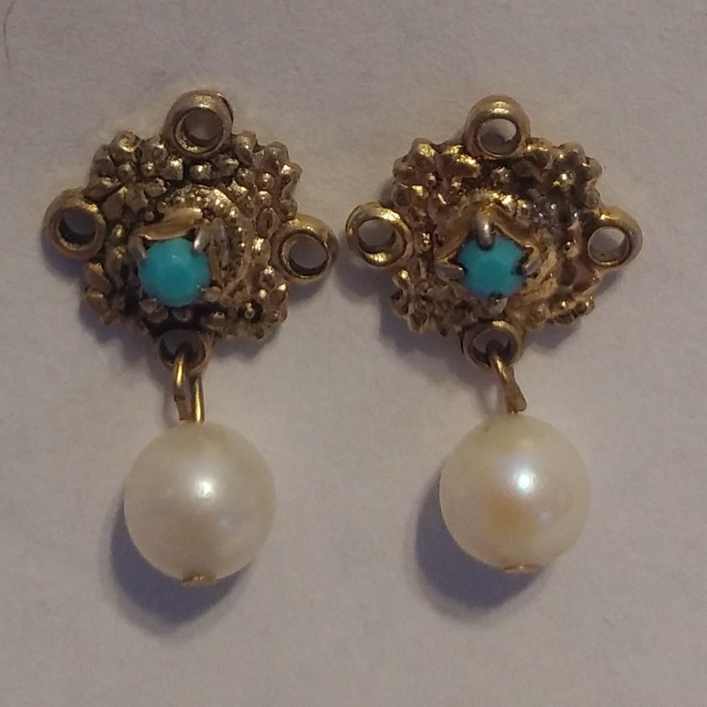 Vtg Faux Pearl & Turquoise Gold-toned Earrings